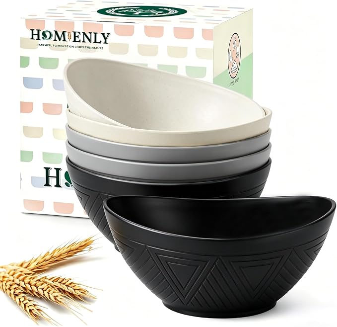 Wheat Straw Bowls 26 OZ Serving Bowls Oval Serving Dishes for Salad, Dinner, Cereal, Snack, Prep, Dessert Bowls Set Unbreakable Camping Bowls Microwave & Dishwasher Safe (6 PCS Grey Stone)