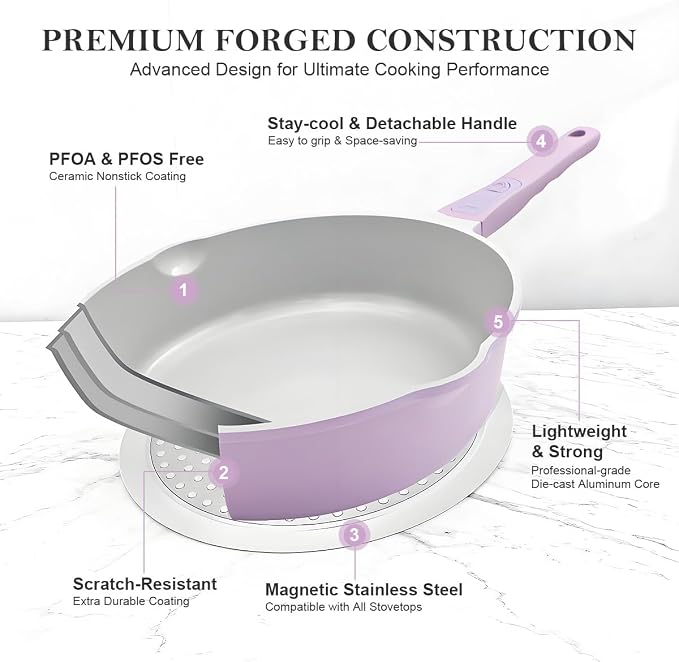 AIKENBBKK 12 Inch Nonstick Deep Frying Pan with Steamer, Ceramic Skillet with Lid, Steamer Pan for Cooking, 5 QT Non Stick Saute Pan with Detachable Handle, PTFE & PFAS-Free, Purple