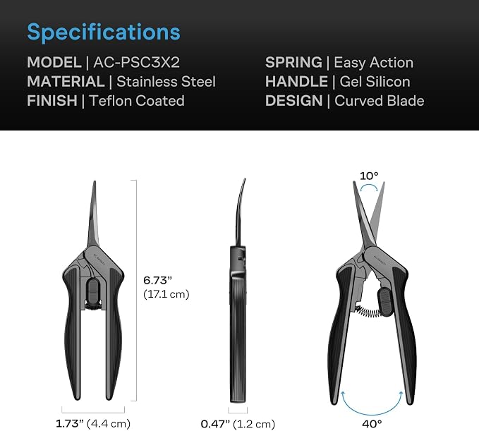 AC Infinity 16cm Stainless Steel Curved Pruning Shear 2-Pack, Lightweight | Lightweight Ergonomic Design, Curved Precision Blades with Nonstick Teflon Coating for Gardening, Hydroponics, Grow Tents