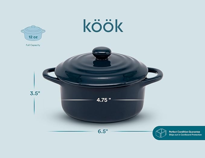 Kook Ceramic Mini Cocotte Set, Small Casserole Dishes with Lids and Handles, Individual Baking Ramekins, Oven safe 350F, Microwave & Dishwasher Safe, Stoneware, 12 oz, Set of 4, (Navy)
