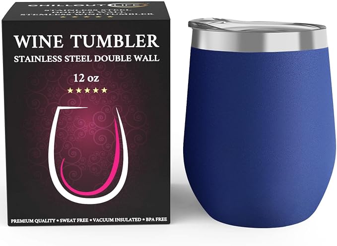 CHILLOUT LIFE 12 oz Stainless Steel Wine Tumbler with Lid - Double Wall Vacuum Insulated Wine Cup Glass Keeping Cold & Hot for Coffee, Champagne, Cocktails, Ice Cream - Powder Coated Navy Blue