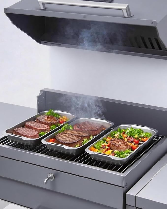 VIKEYHOME Grill Carry System, 6-Piece Stainless Steel Large Food Prep Tray, 16.5" x 11" Pan, Outdoor Grill with Cooling Rack for Vegetables, Fish, Meat, Great Grilling Gifts for Men | 16.5" x 11" Pan, Outdoor Grill with Cooling Rack for Vegetables, Fis...