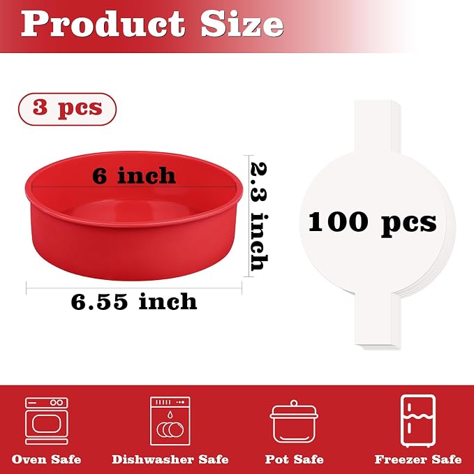 HUAKENER 6" Round Cake Pan,3 PCS Silicone Cake Molds with Parchment Paper | 6 Inch Cake Pans with 100 Pieces Parchment Paper, Nonstick Cake Molds for Smash Cakes,Layer Cakes,Cheese Caks,Chocolate Cakes