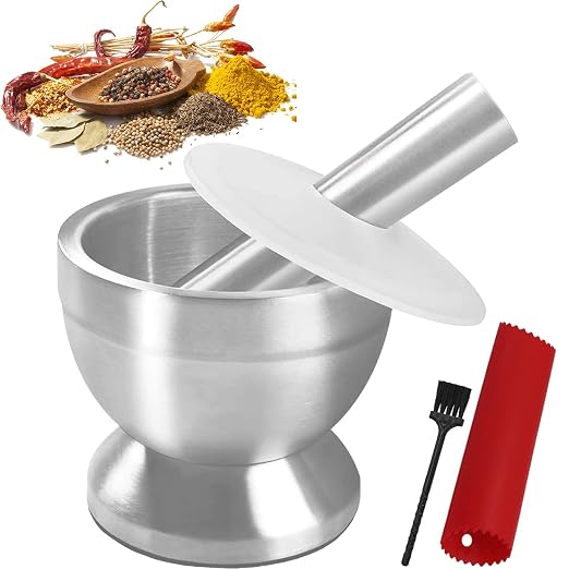 KEISSCO Stainless Steel Mortar and Pestle Set, Spices Grinder Pill Crusher with Silicone Protective Lid - Heavy Duty Mortar Pestle for Molcajete Herb Bowl, Pesto Powder, Spices Herbs Grinder