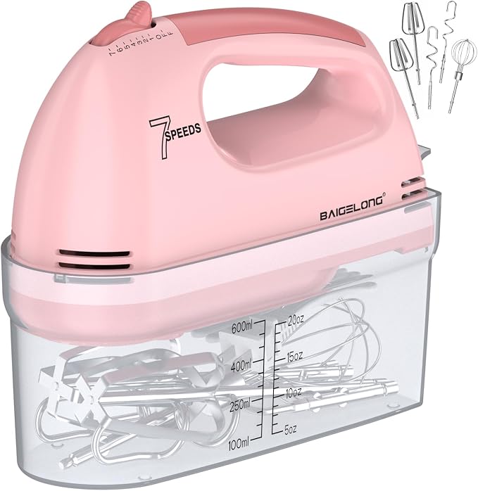 BAIGELONG Hand Mixer. 7-Speed Adjustable Kitchen Electric Mixer. With 5 Stainless Steel Attachments: 2 Hooks, 2 Beaters, 1 Whisk. Comes 1 Storage Box. Perfect for Bakers and New Starters. Pink