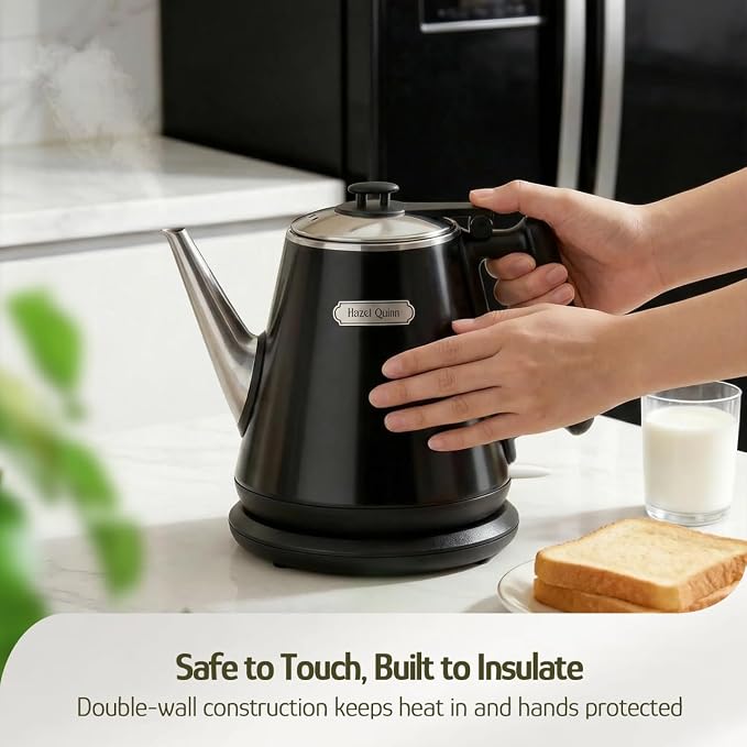 Hazel Quinn Electric Kettle, 1L/34oz Small Tea Kettle - Jet Black | 800W Fast Boil, 304 Stainless Steel Interior, Double-Wall Cool Touch, Gooseneck Spout, Auto Shut-Off, BPA-Free Cordless, Home