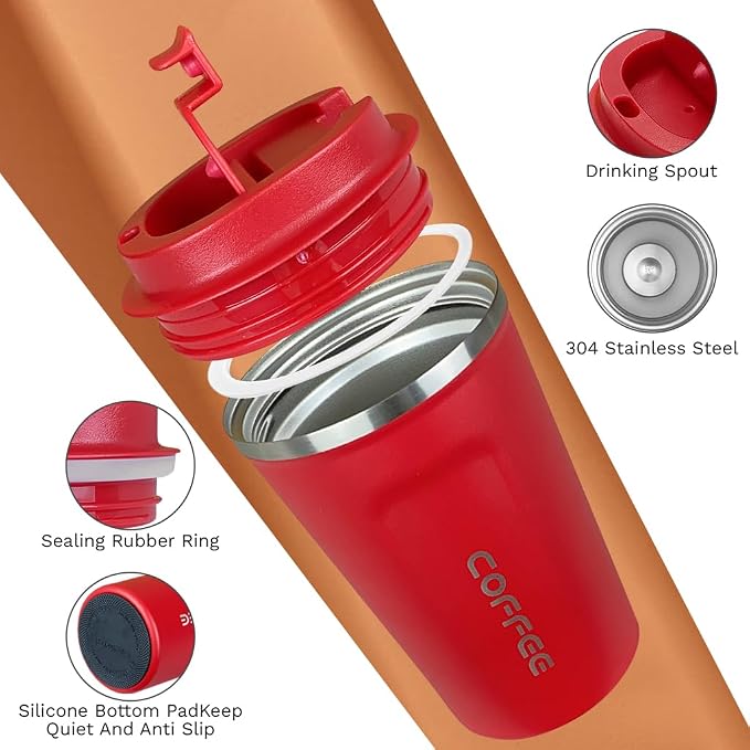 SPLMIFA Travel coffee mugs leak-proof, reusable coffee cup with lid, stainless steel vacuum insulated coffee tumblers, thermal insulation cups for men & women keep drinks hot & cold (2nd-Red, 12OZ)