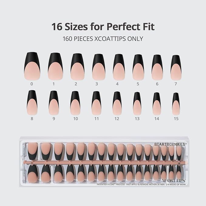 BTArtboxnails XCOATTIPS Black French Tip Press On Nails, L Coffin, Peach | Lamp-Curable, 4-Week Wear, Natural Nail Look, Salon Quality Value at Home, Easy-to-Apply for Beginners, 160ct Nail Tips Only