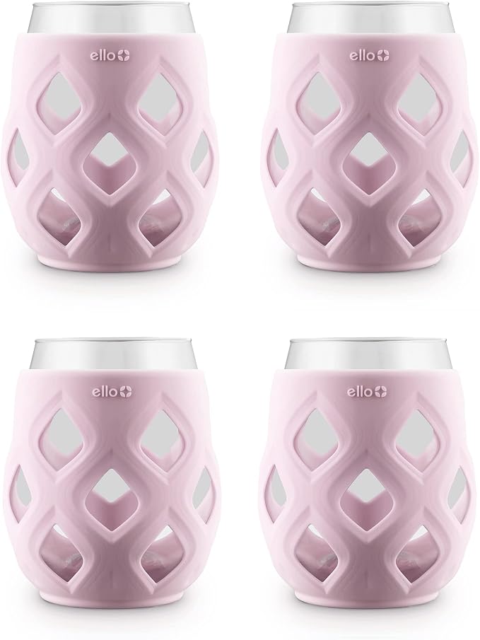 Ello Cru 17oz Stemless Wine Glass Set with Protective Silicone Sleeves, 4 Pack Cocktail Glass Perfect for Summer Patios and Parties Holiday Gifting Her Him Mother's Day, Dishwasher Safe, Cashmere Pink