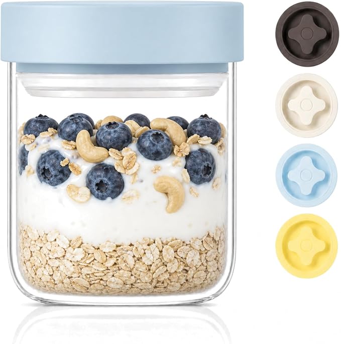 13 oz Small Airtight Glass Overnight Oats Containers with Lid | Twist Seal, Silicone Ring, Wide-Mouth Borosilicate Container for Yogurt, Chia Pudding, Fruit, Snacks and Meal Prep