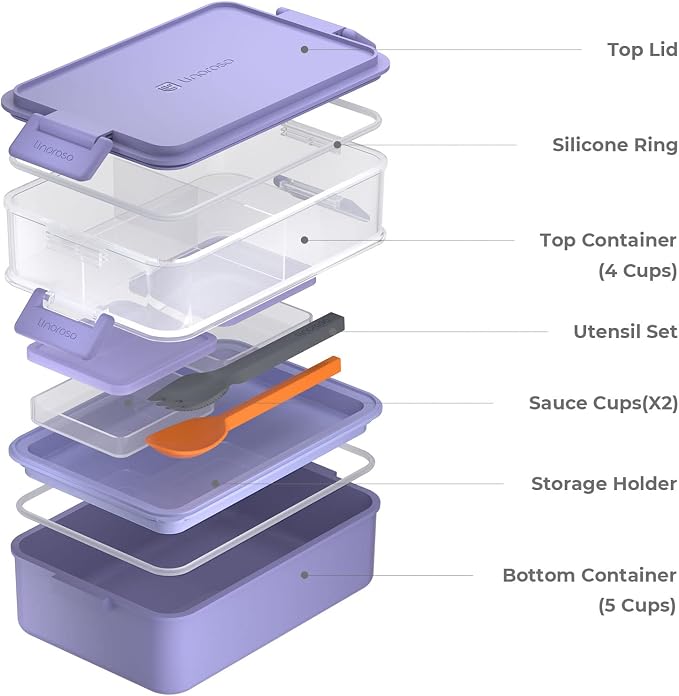 Stackable 2-Tier Adult Bento Box, 4 Compartments - Veri Peri | leakproof bento lunch box with fork & spoon + sauce cups, microwave/dishwasher safe, perfect for office, school & daily meals