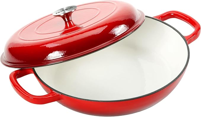 Cast Iron Casserole Braiser, 3.8 Quart Enameled Cast Iron Dutch Oven Pan with Lid, Heavy Duty and Dual Handles Skillet, Oven-Safe Porcelain Surface Casserole Dish, Red
