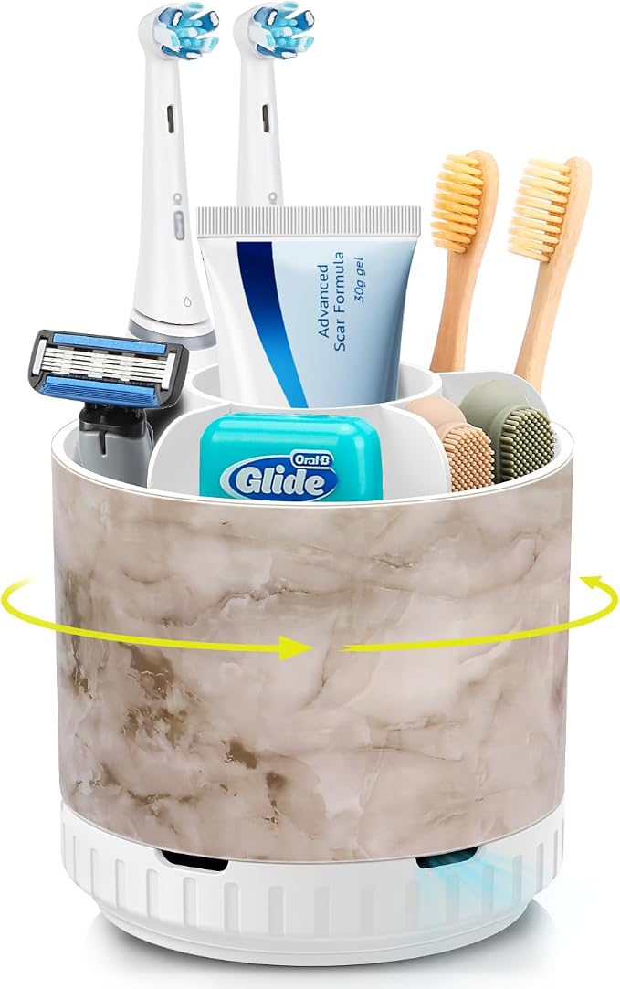 GFWARE Rotating Marble Toothbrush Holder for Bathroom Organizer, Drainage | Detachable 6 Slots Kids Electric Toothbrush and Toothpaste Holder, Bathroom Countertop Sink Storage Caddy, Marble-Look