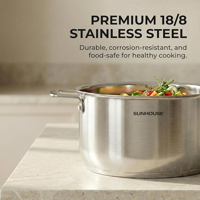 SUNHOUSE 6.5 Quart Stock Pot with Lid, Stainless Steel Pots for Cooking | Ultra thick 5-ply Base 18/10 Heavy Bottom Stainless Steel Pots for Canning, Boiling - Oven Safe & Induction Compatible