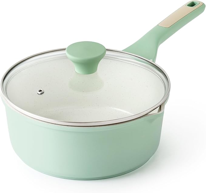 SENSARTE Ceramic Nonstick Saucepan with Double Pouring Spout, 3QT, Green | Cooking Pot with Stay Cool Handle, Induction Compatible, Ceramic Coating, PFOA/PFAS/PTFE Free