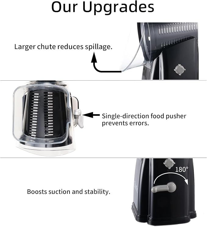Upgrade Rotary Cheese Grater Shredder with Handle, Strong Suction Base, Multi-purpose Rotary Grater Slicer with 5 Interchangeable Blades for Ice, Vegetables, Fruit, Nuts with Blade Storage Box
