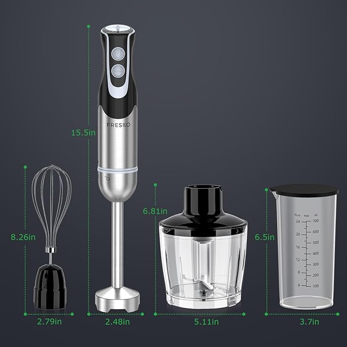 Immersion Blender Handheld, 4-In-1 Hand Blender with 12-Speeds & Turbo Mode | 500W Emulsion Blender, Egg Whisk, 24oz Beaker & Chopper Bowl, Stick Mixer for Baby Food, Smoothies, Soups & Sauces