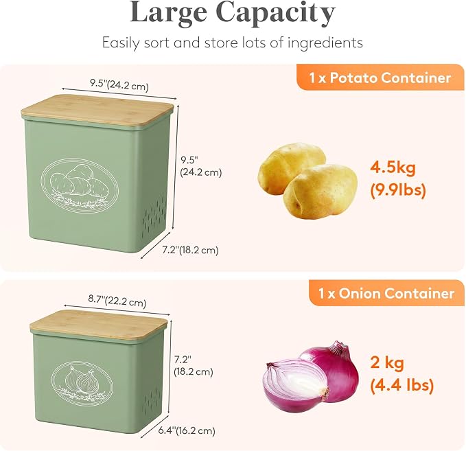 Lifewit Plastic Potato and Onion Storage Bin Box, Set of 2, Green | Stackable Garlic Keeper, Vegetable Container Box, Aerating Holes & Lid for Pantry Countertop