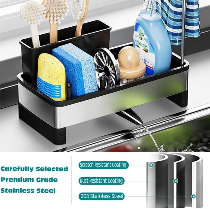 Stainless Steel Sink Caddy Sponge Holder for Kitchen Sink 9.8″ | with Auto-Drain, with Removable Brush Holder & Towel Rack, Rustproof Sink Organizer for Countertop, Kitchen Accessories