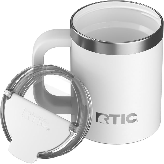 RTIC 12oz Essential Mug with Lid and Handle, Ceramic Lined, White | Stainless Steel Metal, Insulated Travel Cup for Hot and Cold Drinks, Coffee, Car, Camping and Travel