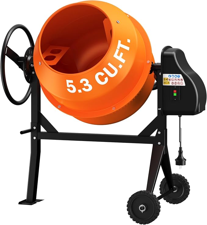 5.3 Cu.Ft. 1HP Electric Cement Mixer, 750W, 140L Portable Concrete Mixer Machine with Stand & Wheels, for Stucco, Mortar, Seeds - 2026 Upgraded (Orange)