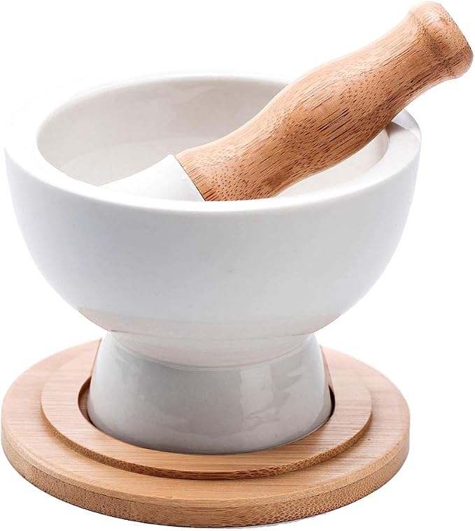E-liu Porcelain Mortar and Pestle Set with Lid, Functional for Grinding | Pill Crusher, Spice Grinder, Herb Bowl, Pesto Powder with Anti-Slip Base and Grip – Molcajete for Seasoning, Paste