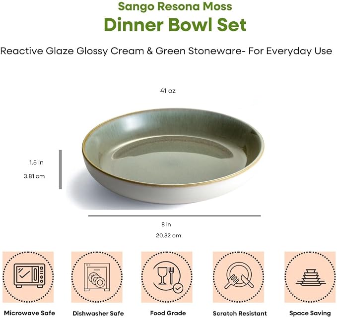 Sango Resona Moss Green Stoneware Bowls (Set of 4) – Durable Stoneware with Reactive Glaze Finish, Microwave & Dishwasher Safe, Perfect for Everyday Dining & Entertainment