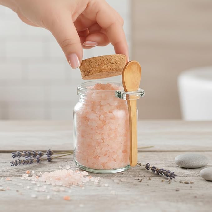 Ahhute Glass Sugar Scrubs Jars, Bath Salt Container, Snacks Spice Jars w/Bamboo Spoons, Honey Scrubs Body Butter Jar w/Corks, Labels and Cleaning Brush, Wedding Party Favors Gifts, 8oz 24 Pack