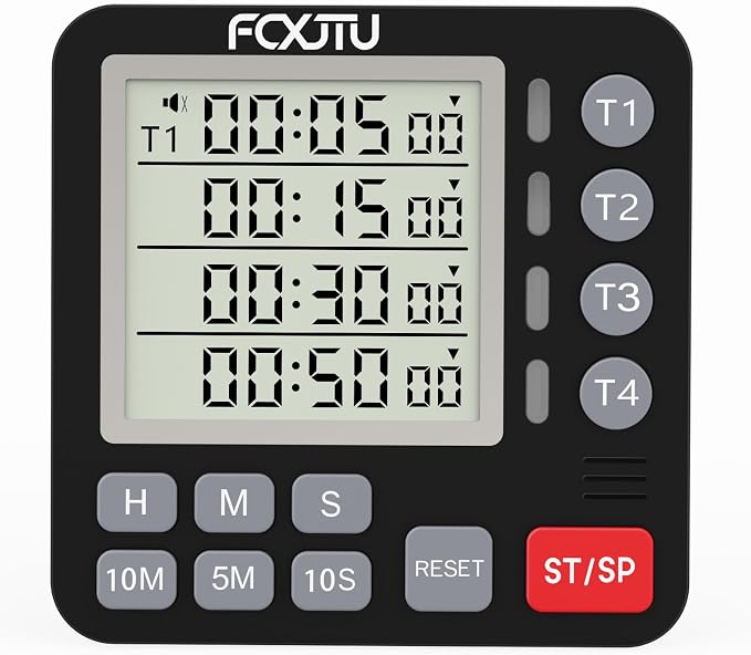Digital Dual Kitchen Timer, 4-Channel Magnetic Countdown Timer for Cooking | Multi Groups Countup Timer, Memory Presets,On/Off,Large Display, Loud Alarm, Mute, LED Alert, 3A Battery & Stand Included