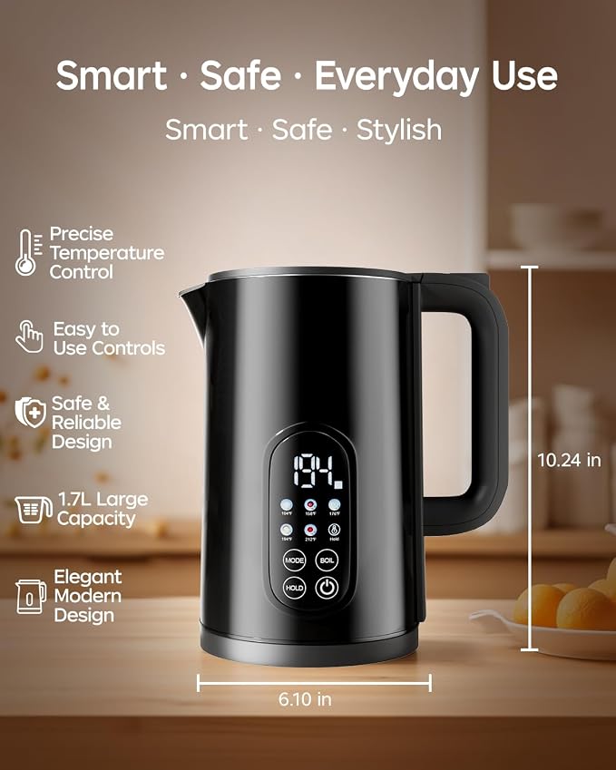 1.7L Stainless Steel Electric Kettle with Temperature Control–Black | 5 Preset Temperatures for Tea & Boiling Water, 2H Keep Warm, 1200W BOIL Mode, 304 Stainless Steel Interior, Cordless Base