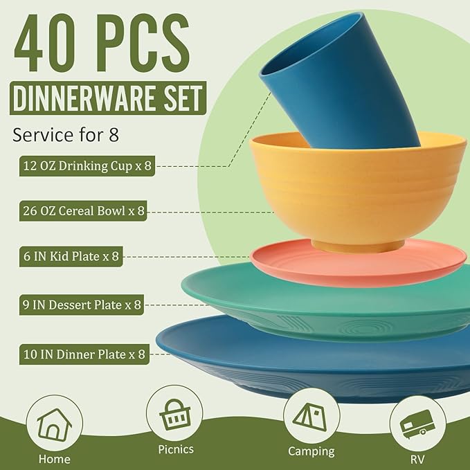Wheat Straw Dinnerware Set 40 PCS - Service for 8 | Plates and Bowls Sets | Unbreakable Dishes Set - Dinner Plates, Dessert Plate, Cereal Bowls, Drinking Glasses, Dishwasher Safe - Multi