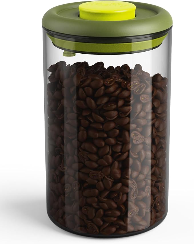 Vacuum Sealed Coffee Canister, 40.6oz Airtight Glass Jar | Borosilicate Glass, UV-Protective Tint, 360° Airtight Seal, One-Press Pop Top, for Coffee Beans & Grounds