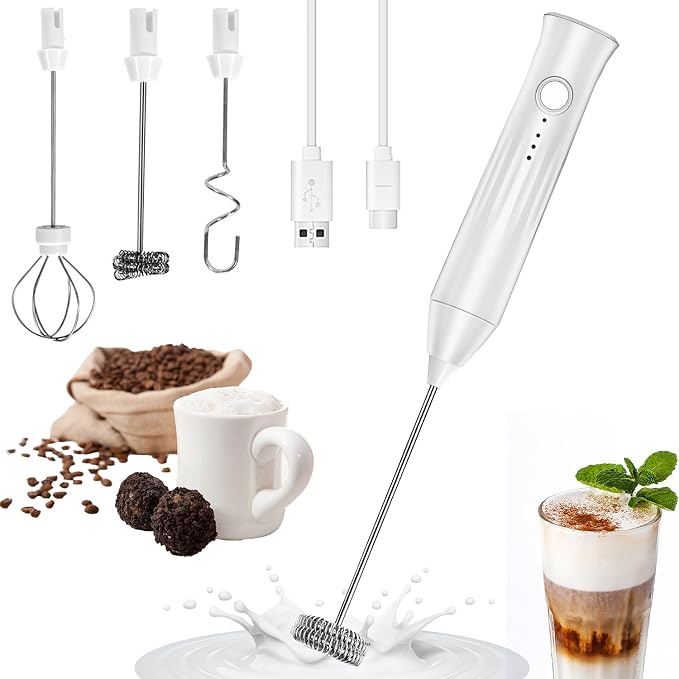 3-in-1 Rechargeable Milk Frother Wand, Coffee Drink Mixer w/ 3 Whisks＆Speed | USB-C Battery Handheld Frother, Small Electric Whisk Stirrer Coffee Foam Maker, Protein Powder Hand Mixer for Egg, Cappuccino