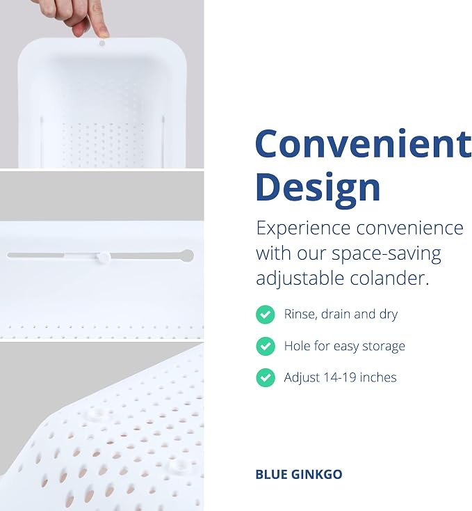 Blue Ginkgo Over Sink Colander, Extendable Kitchen Strainer, 2-Pack, White | Fits Most Sinks. Rinse, Drain and Dry with Ease.