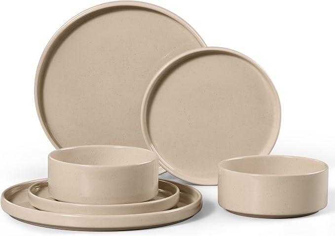 E-far 6-Piece Stoneware Dinnerware Sets, Plates and Bowls Set for 2, Khaki | Kitchen Modern Dishes Set for Everyday & Formal, Chip and Scratch Resistant, Microwave & Dishwasher Safe, Speckled Khaki