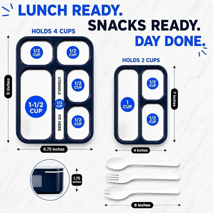 kinsho Bento Lunch-Box Set for Kids Includes Snack Container | 6 and 3 Compartment Boxes Leakproof School Bentos, Meal Portion Control Containers, Boys Girls Adults, Navy Blue Large + MINI 2 Pack Set