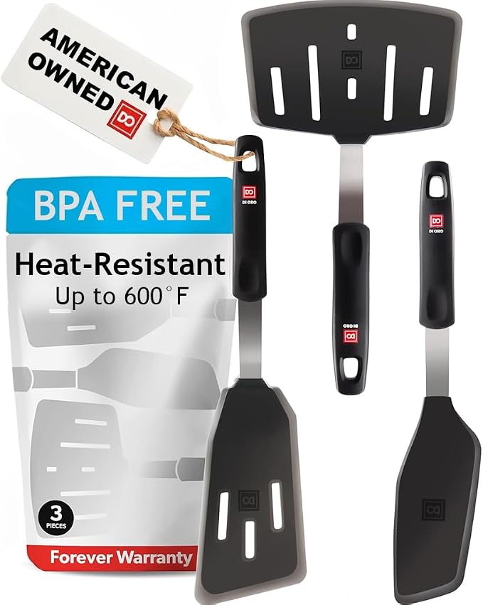 DI ORO Silicone Turner Spatula Set - 600F Heat Resistant, 3-Pc | Flexible flippers for eggs, pancakes, and crepes; Won't scratch nonstick pots and pans; BPA-free and dishwasher safe
