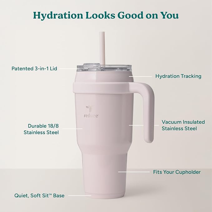 REDUCE Cold1 40 oz Tumbler with Handle - Vacuum Insulated Stainless Steel Water Bottle for Home, Office or Car, Reusable Mug with Straw or Leakproof Flip Lid, Keeps Drinks Cold All Day- Gloss Cotton
