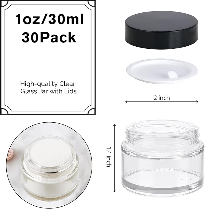 1oz Glass Jar with Lid,Hoa Kinh 30Pack Clear Cosmetic Glass Jars with Lids | Travel Jars with Inner Liners and Black Lids for Storing Lip and Body Scrub, Lotion, Body Butter, Bath Salts, Liquid