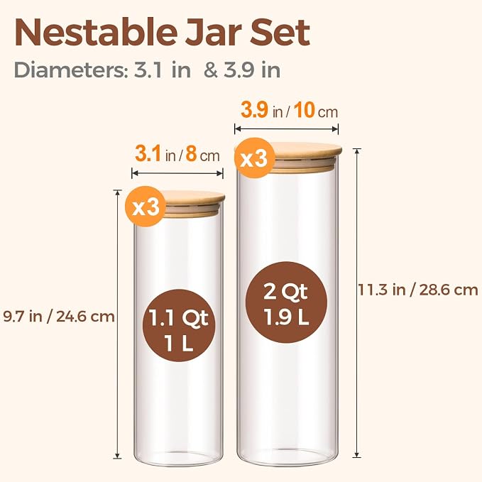 ComSaf Pasta Containers Storage 2 Qt/1.1Qt, 6 Pack Tall Glass Spaghetti Jar | Glass Storage Containers wtih Lids, Kitchen Canisters,Pantry Pasta Holder, Noodles, Cereal, Oats, Dry Food Storage, BPA Free