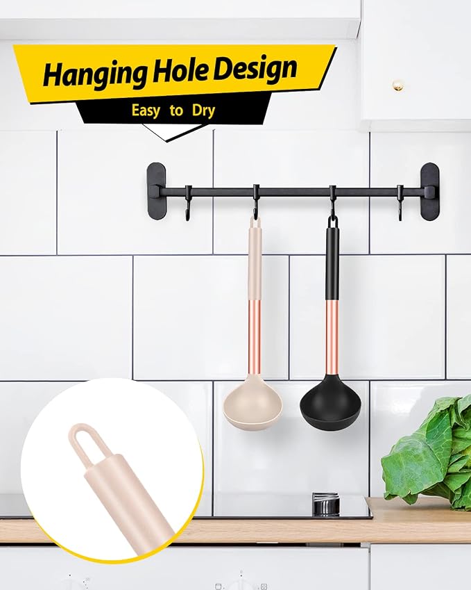 BUNDLEPRO Silicone Ladle Spoons, 2 Pack, Rose Gold Black-Khaki | Non Stick, High Heat Resistant, BPA Free, Kitchen Utensils Ideal for Cooking, Stirring,Serving Soups