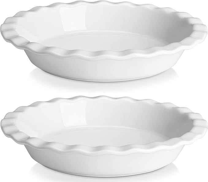MALACASA 40 Oz Ceramic Pie Pan Set of 2, 9 Inch Fluted Pie Dish | Baking, Versatile for Quiche, Pie, Tart, Casserole, Oven, Microwave, Dishwasher Safe, Non-Stick Glaze, Even Heat Distribution