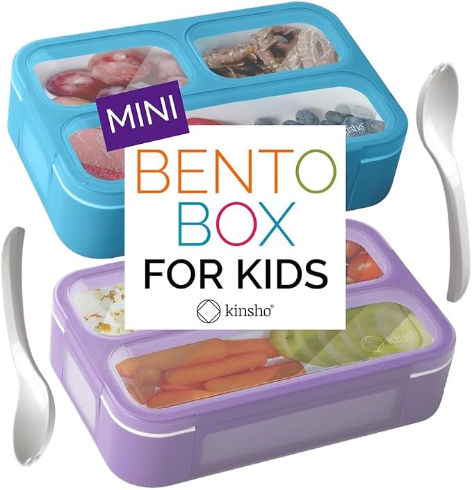 kinsho Small Snack Box Container for Kids Toddlers Set of 2 (Purple + Blue) | 3 Compartments, Leak-Proof, Spill Proof, BPA-Free Reusable Small Mini Bento Lunch Box for Daycare School Travel, Holds 2 Cups