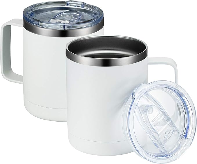 MEWAY 12oz Coffee Mug With Handle 2 Pack Bulk,Stainless Steel Insulated Travel Tumblers With Sliding Lid,Double Wall Vacuum Camping Cup for Hot & Cold Drinks Tea (White,Set of 2)