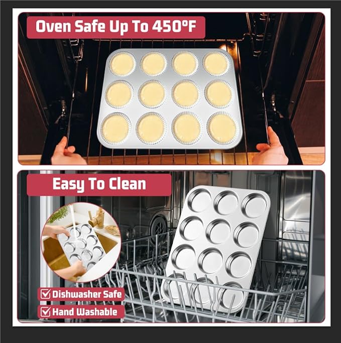 E-far 12-Cavity Muffin Top Pan, Stainless Steel Shallow Cupcake Pan for Yorkshire Pudding, Eggs, Whoopie Pie, Cornbread, Non-toxic & Dishwasher Safe