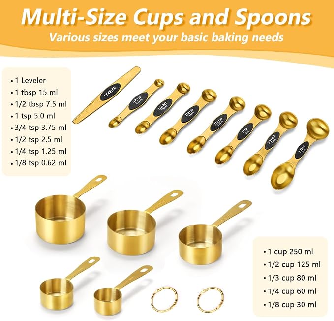 Gold Measuring Cups & Spoons Set for Cooking, 13pcs | 5 Gold Measuring Cups, 7 Double-Sided Measuring Spoons & 1 Leveler, Gold Baking Kitchen Gadgets for Dry & Liquid Ingredients