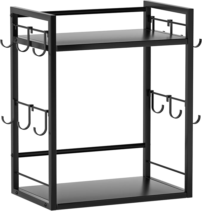 Dorhors Coffee Bar Organizer,Mug Holder,Station Organizer Kitchen Counter | 2 Tier Black Wood Coffee Bar Accessories with 12 Hooks,Countertop Shelf for Mug,Syrup and Accessories