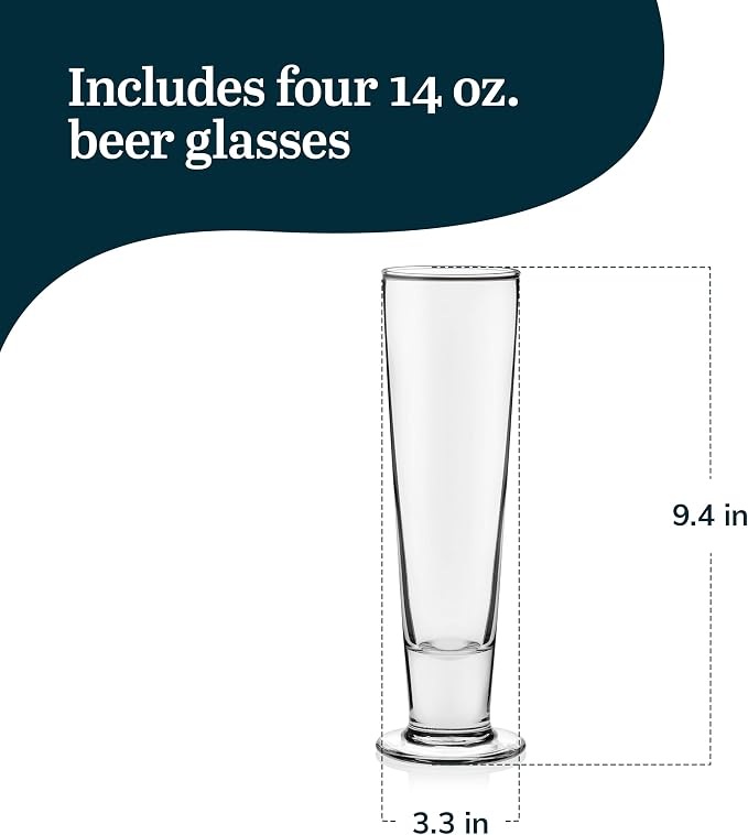 Libbey Stockholm Pilsner Beer Glasses Set of 4, 14.5oz, Tall, Slender Pint Glasses for Pilsner, Kolsch, Lager, and More, Unique Beer Gift Set