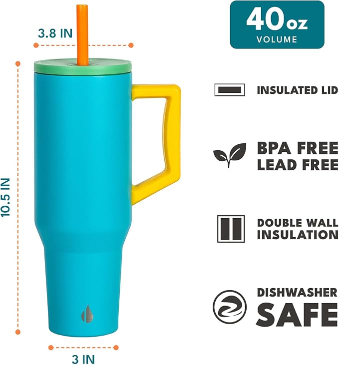 Elemental Spill Proof 40oz Insulated Tumbler with Handle & Straw Travel Mug | Stainless Steel Commuter Travel Coffee Mug for Cold Beverages, Includes 2 Straws & a Spill Proof Lid for Everyday Use