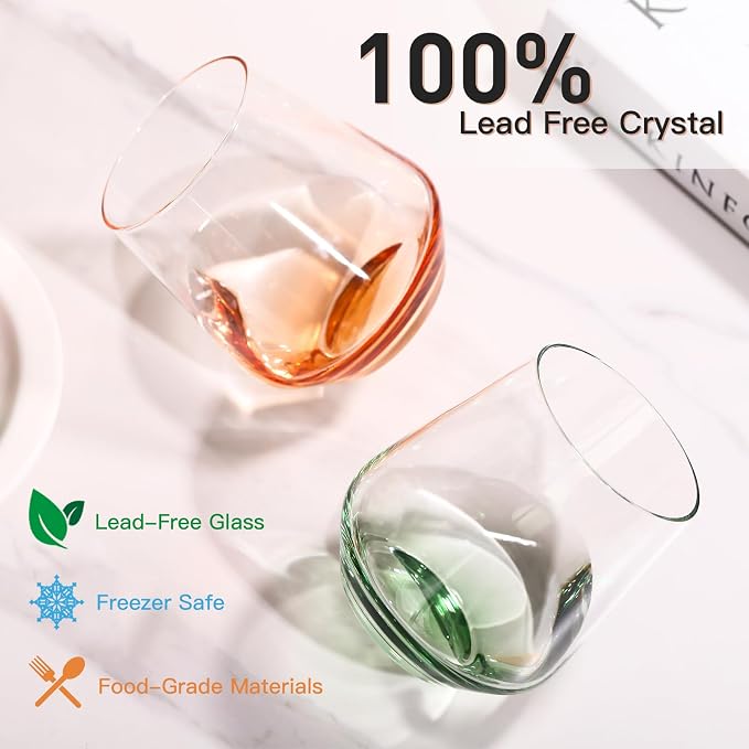 JOVGANK Colored Stemless Wine Glasses Set of 6 - Hand Blown White Red Stemless Wine Glass - 17 oz, [Lead-Free Crystal Glass] Large Short Glass Tumblers, Gift for Housewarming and Mother's Day